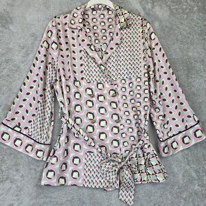 Zara Blouse Womens Small Pink Geometric Wrap Tie Waist Belted Shirt Top Satin